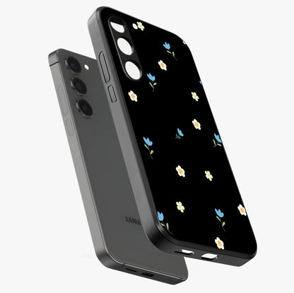 Minimal Petal Whispers Glass Case displayed in angled mockup highlighting delicate petal design with clean minimal aesthetic.