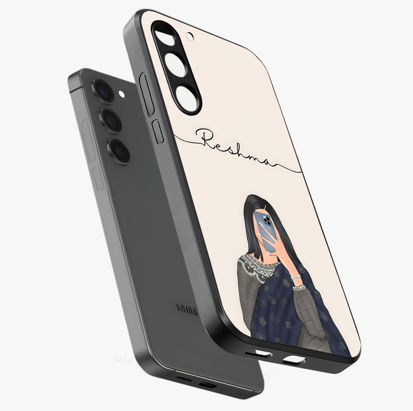 Mirror Mood Muse With Custom Name Glass Case displayed in angled mockup highlighting aesthetic mirror inspired design with custom name feature.