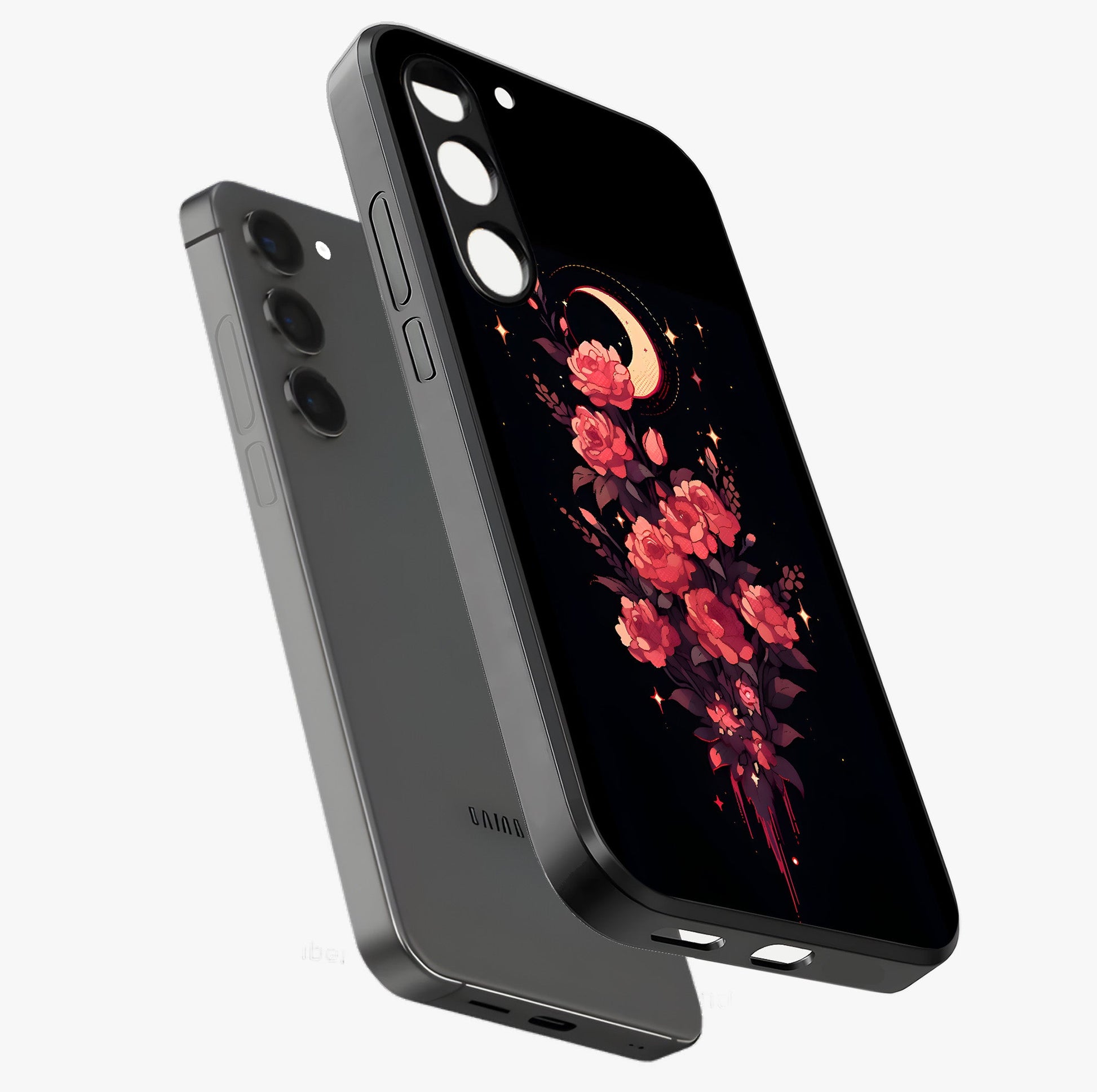 Moonlit Floral Elegance Glass Case displayed in angled mockup highlighting graceful flower design with soft moonlight aesthetic.