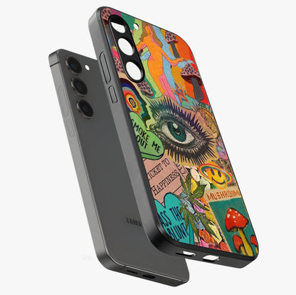 Mystic Eye Wonderland Glass Case displayed in angled mockup highlighting magical eye illustration with dreamy aesthetic.