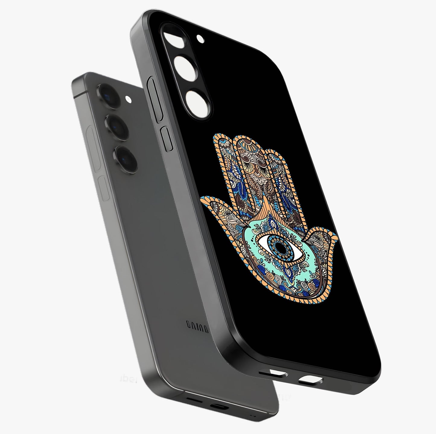 Mystic Hamsa Eye Glass Case displayed in angled mockup highlighting spiritual hamsa symbol with mystical aesthetic style.