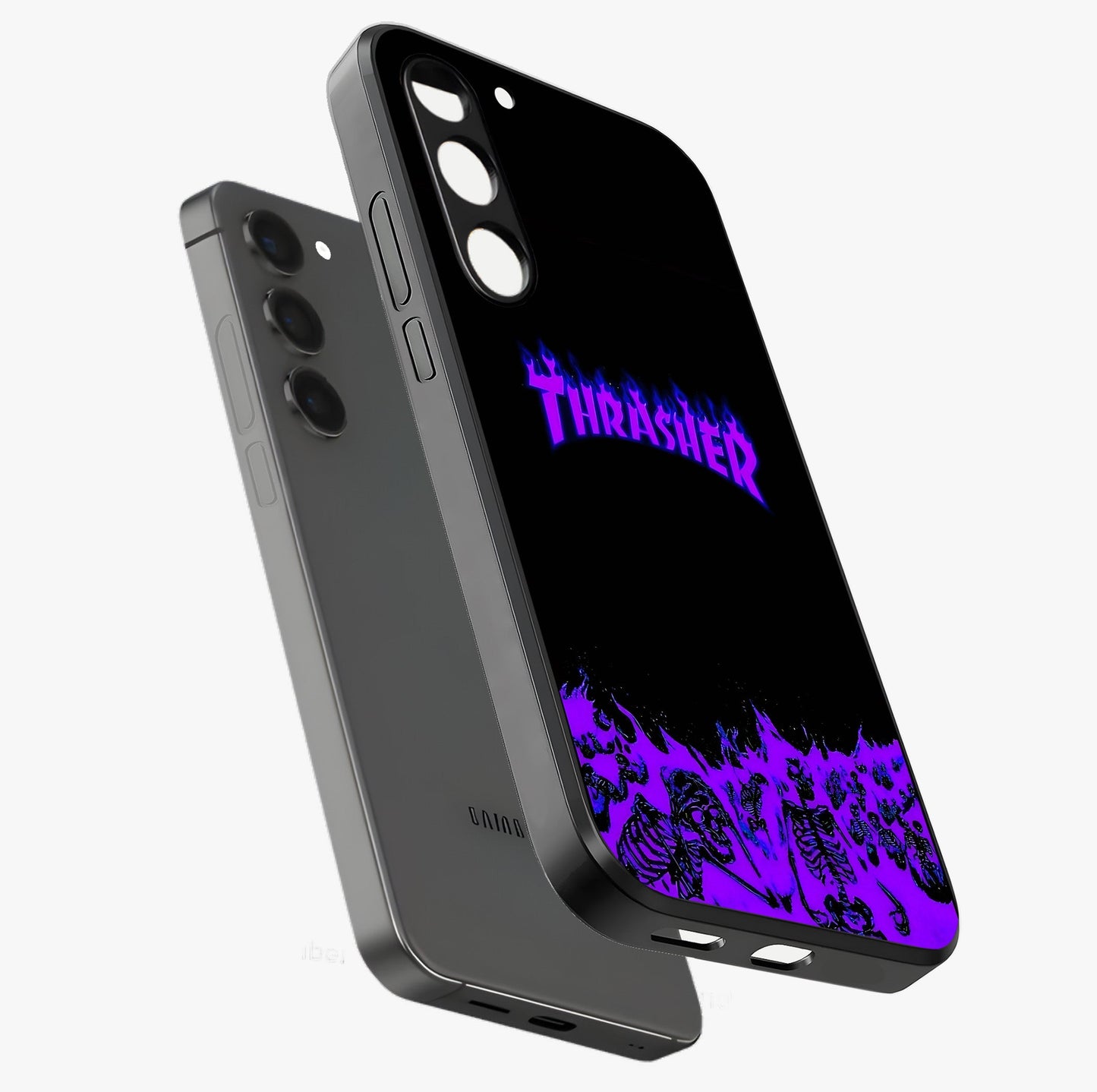 Neon Flame Riot Glass Case displayed in angled mockup highlighting glowing flame design with vibrant neon aesthetic.