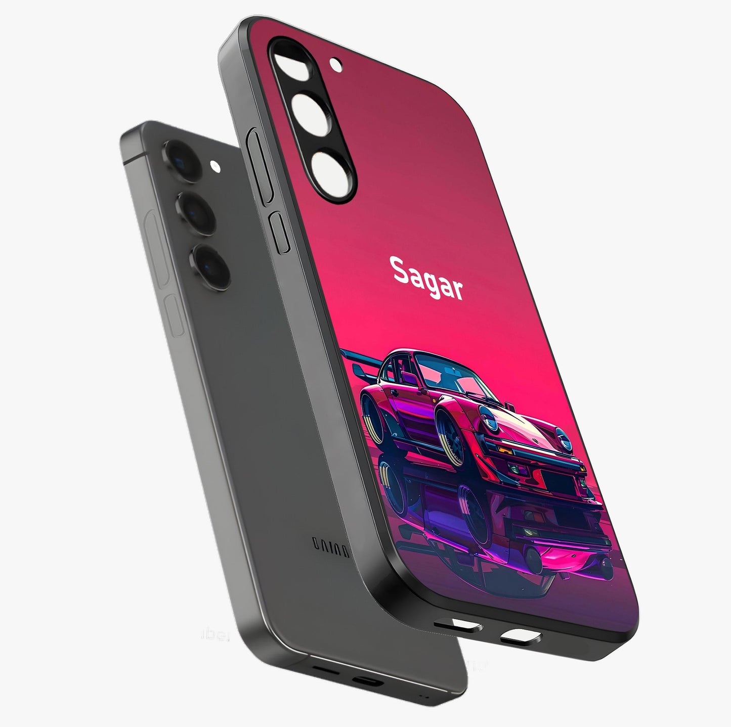 Neon Pink Porsche Glass Case displayed in angled mockup highlighting sleek neon pink car design with racing aesthetic.