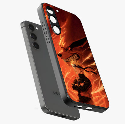 Nine Tails Legacy Glass Case displayed in angled mockup highlighting dynamic anime beast illustration with bold mystical aesthetic.