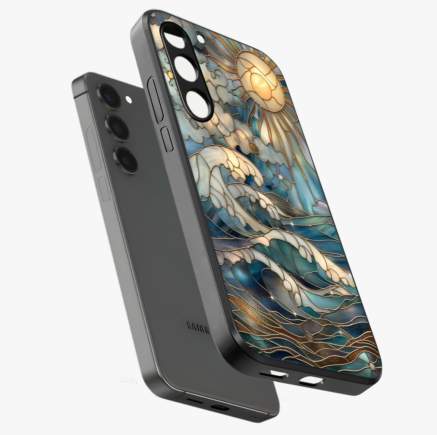 Oceanic Stained Printed Glass Case displayed in angled mockup highlighting colorful aquatic design with artistic aesthetic style.