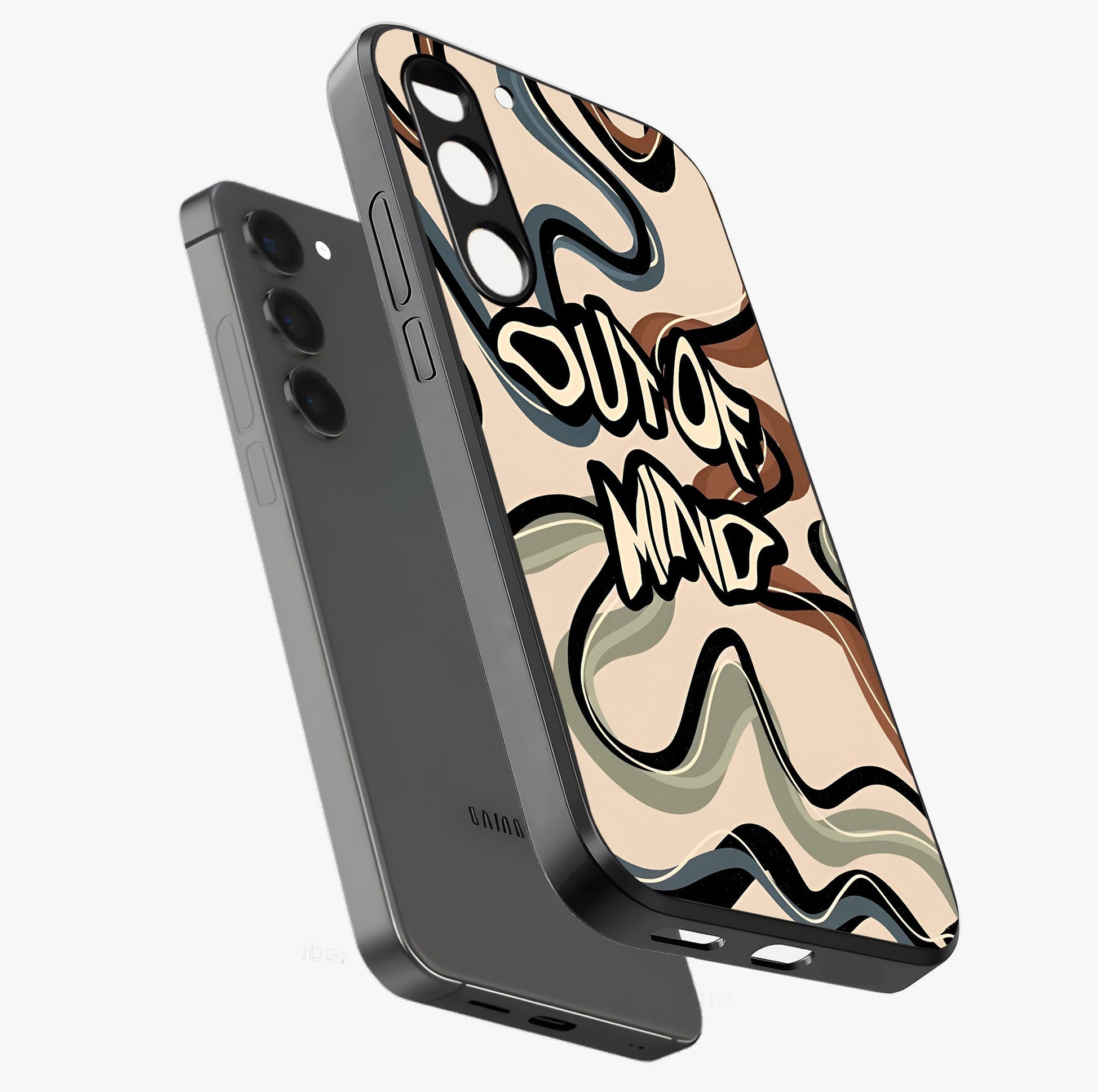 Out Of Mind Glass Case displayed in angled mockup highlighting bold statement design with modern artistic aesthetic.