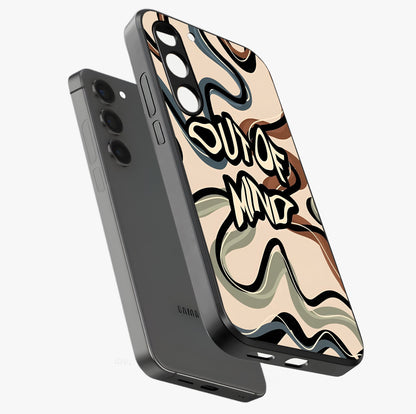 Out Of Mind Glass Case displayed in angled mockup highlighting bold statement design with modern artistic aesthetic.