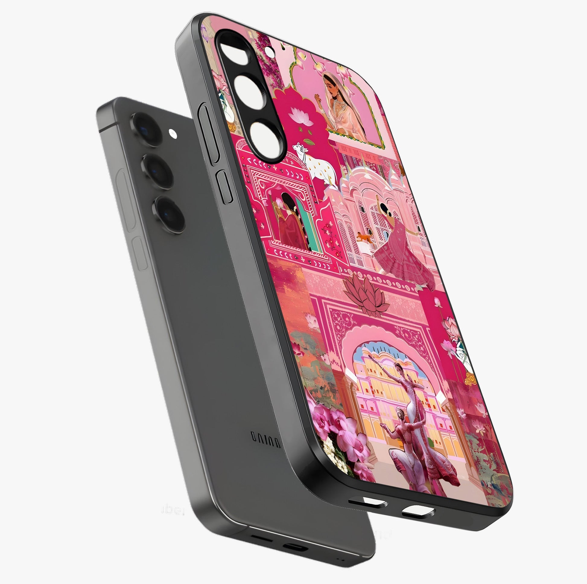 Pink Palace Muse Glass Case displayed in angled mockup highlighting dreamy palace illustration with soft pink aesthetic.