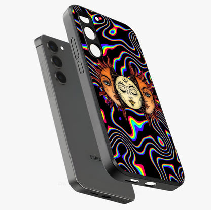 Psychedelic Sun Glass Case displayed in angled mockup highlighting vibrant abstract sun design with artistic aesthetic style.