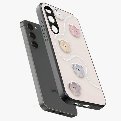 Puffy Face Parade Glass Case displayed in angled mockup highlighting playful cartoon face design with fun aesthetic.