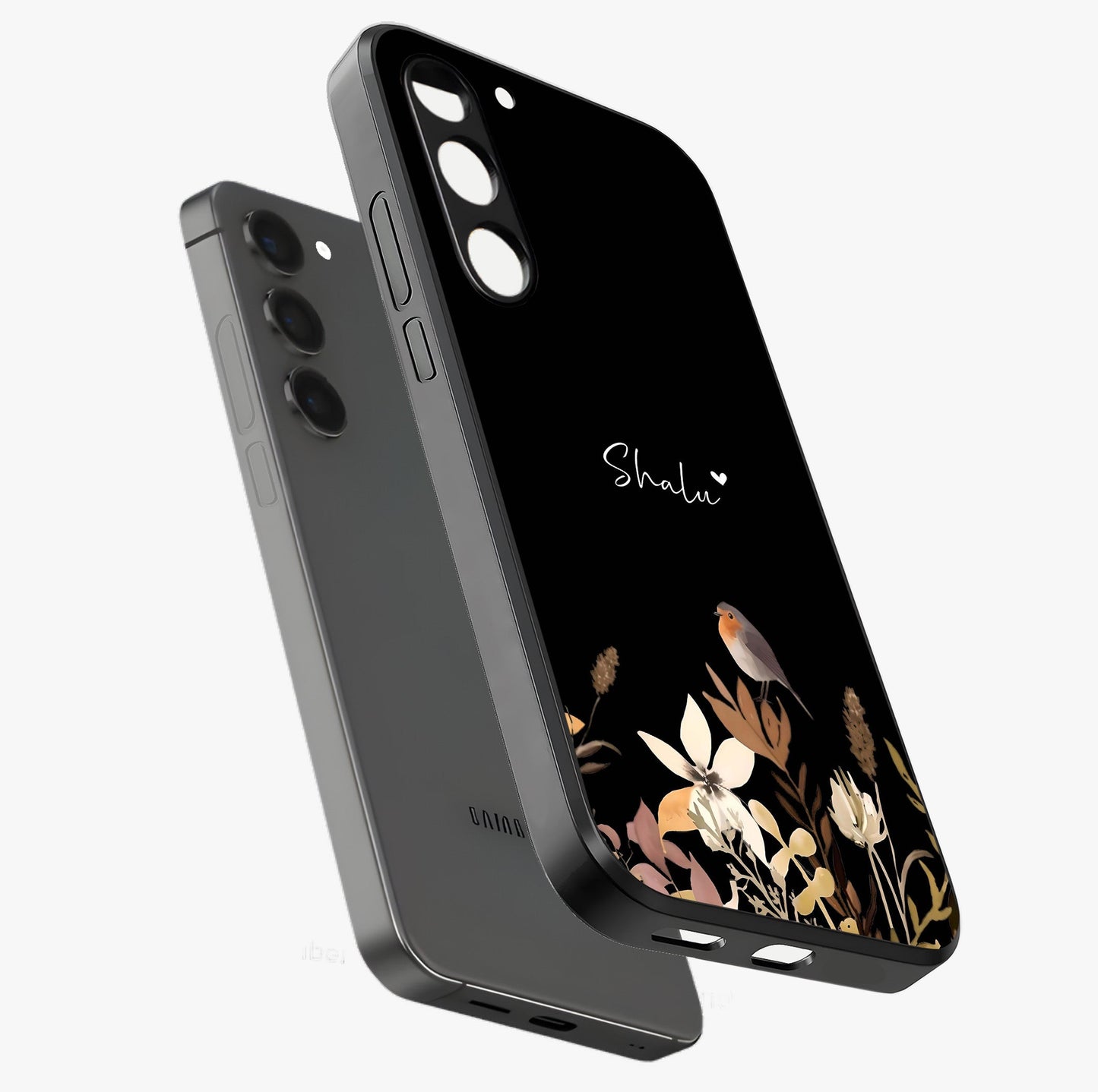 Quiet Garden Tune Custom Name Glass Case displayed in angled mockup highlighting delicate floral garden design with custom name feature.