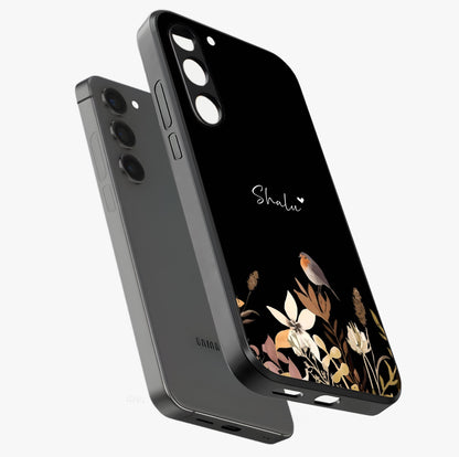 Quiet Garden Tune Custom Name Glass Case displayed in angled mockup highlighting delicate floral garden design with custom name feature.