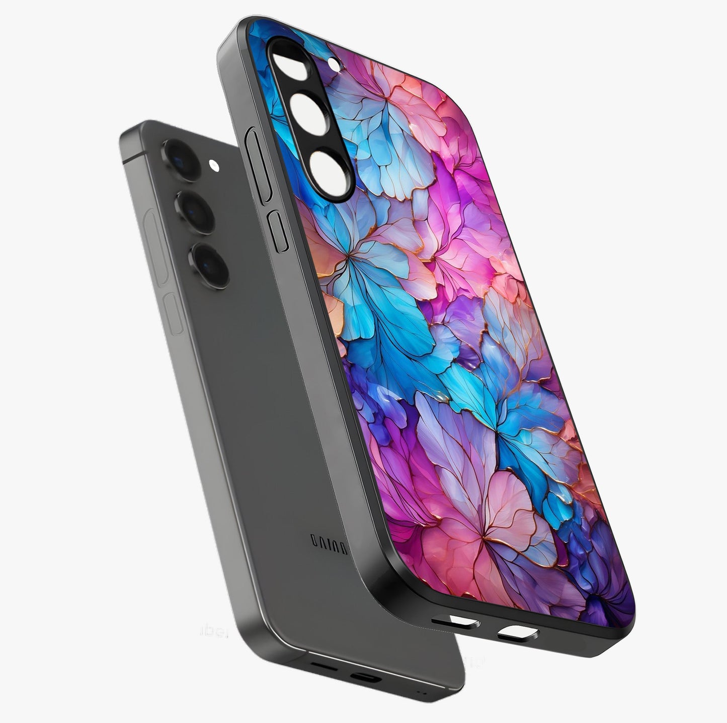 Radiant Floral Whirl Glass Case displayed in angled mockup highlighting vibrant flower pattern with dynamic artistic aesthetic.