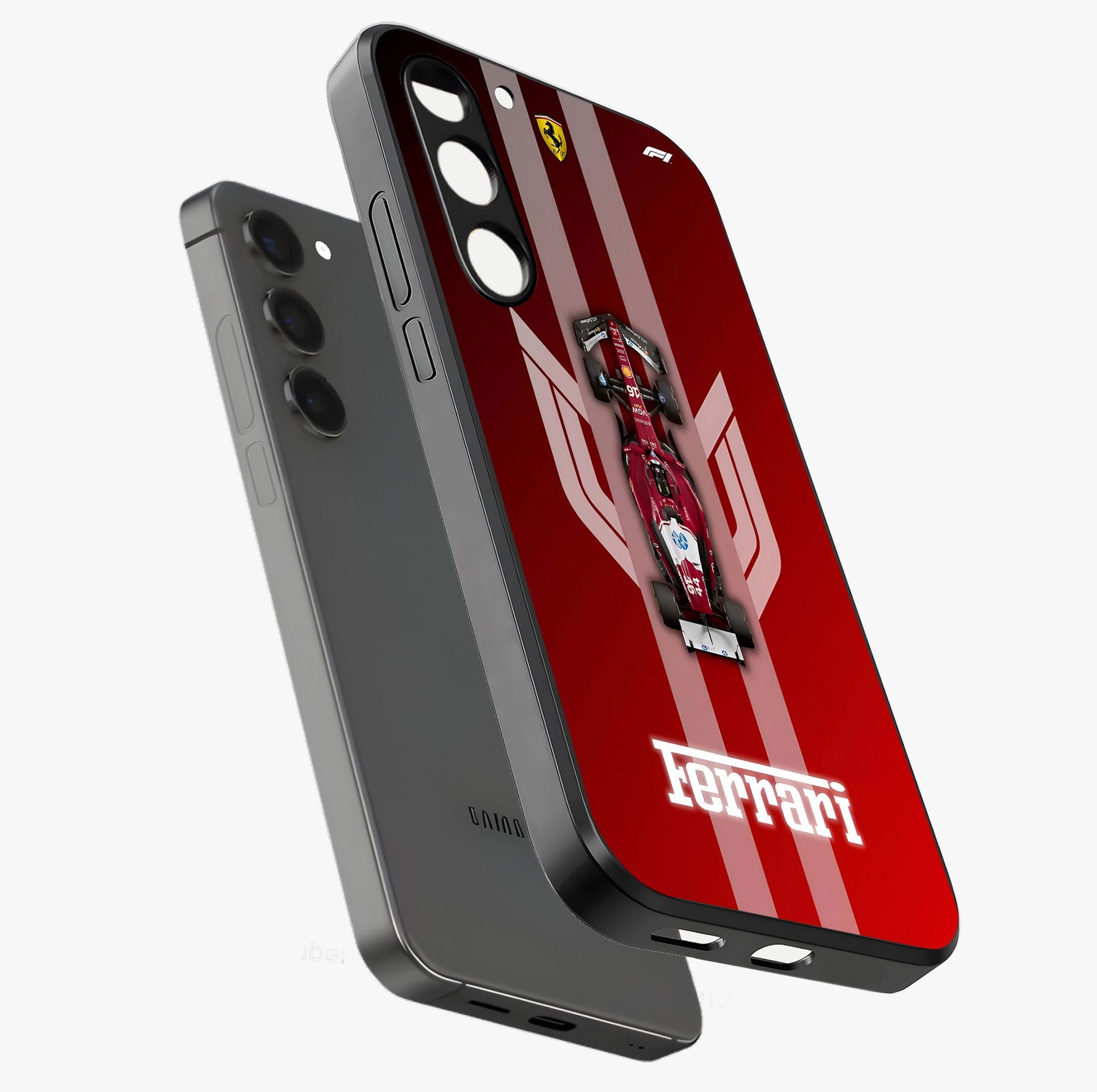 Red Ferrari F1 Vertical Glass Case displayed in angled mockup highlighting high speed racing design with bold automotive aesthetic.
