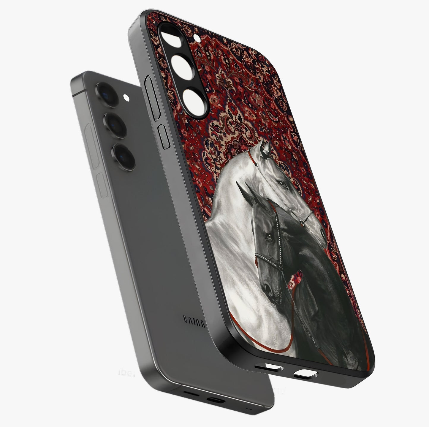 Regal Stallion Tapestry Glass Case displayed in angled mockup highlighting royal stallion design with decorative heritage aesthetic.