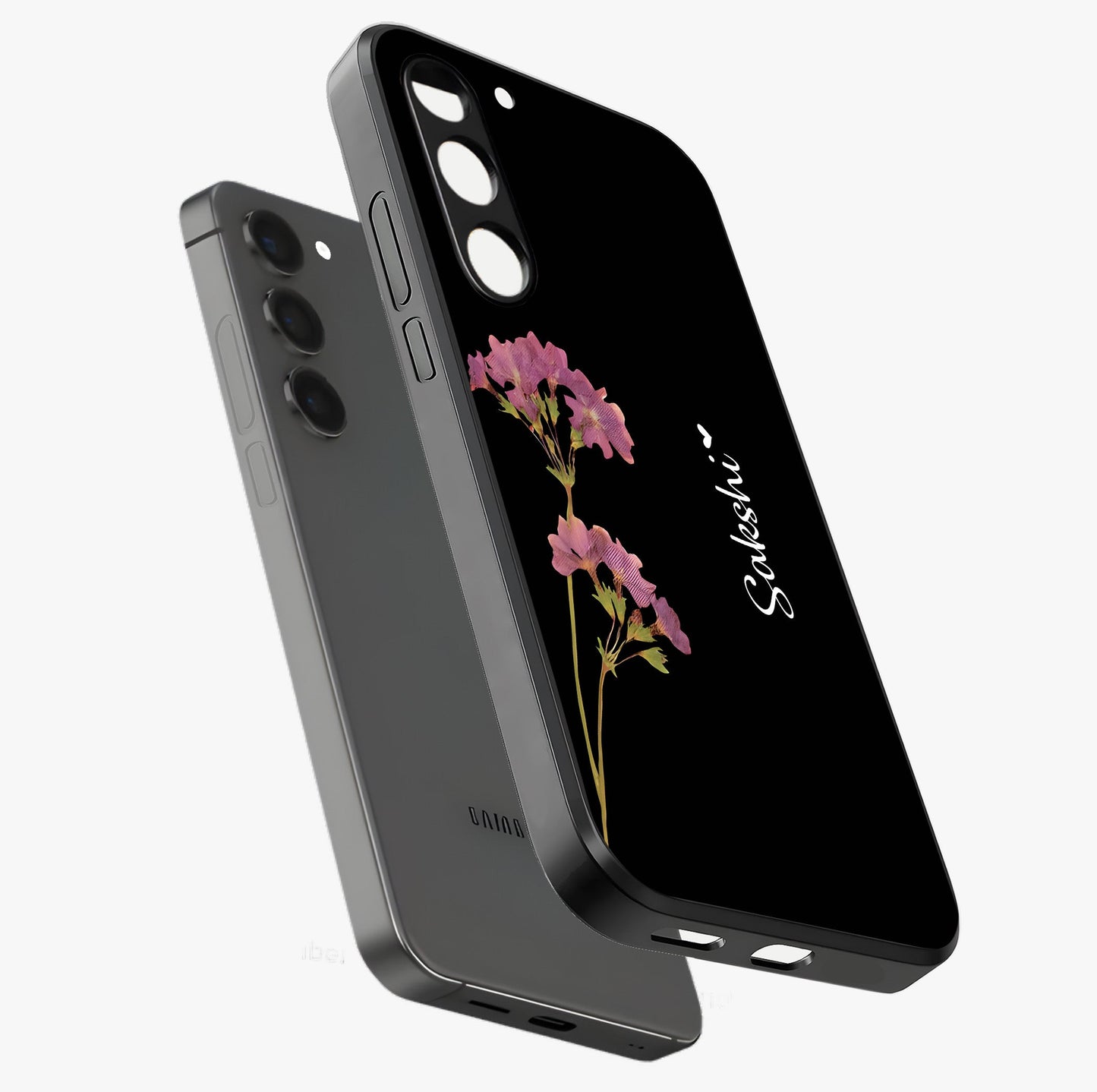 Riching Lavender Flower Custom Name Glass Case displayed in angled mockup highlighting delicate lavender flower design with custom name feature.