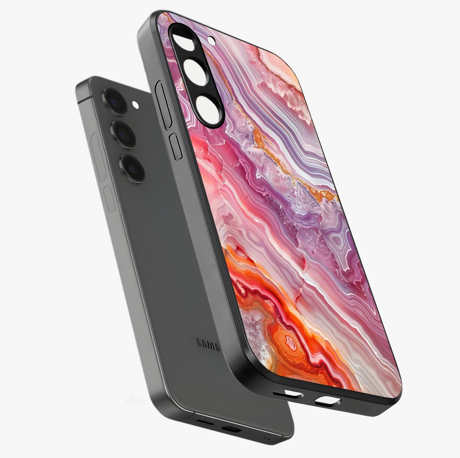 Rose Quartz Marble Glass Case displayed in angled mockup highlighting elegant marble pattern with soft aesthetic style.