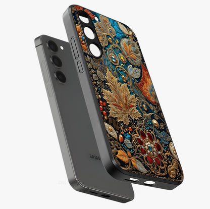 Royal Jewel Garden Glass Case displayed in angled mockup highlighting vibrant jewel inspired floral design with elegant aesthetic.