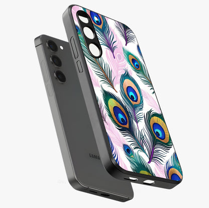 Royal Peacock Feathers Glass Case displayed in angled mockup highlighting vibrant feather pattern with regal aesthetic style.