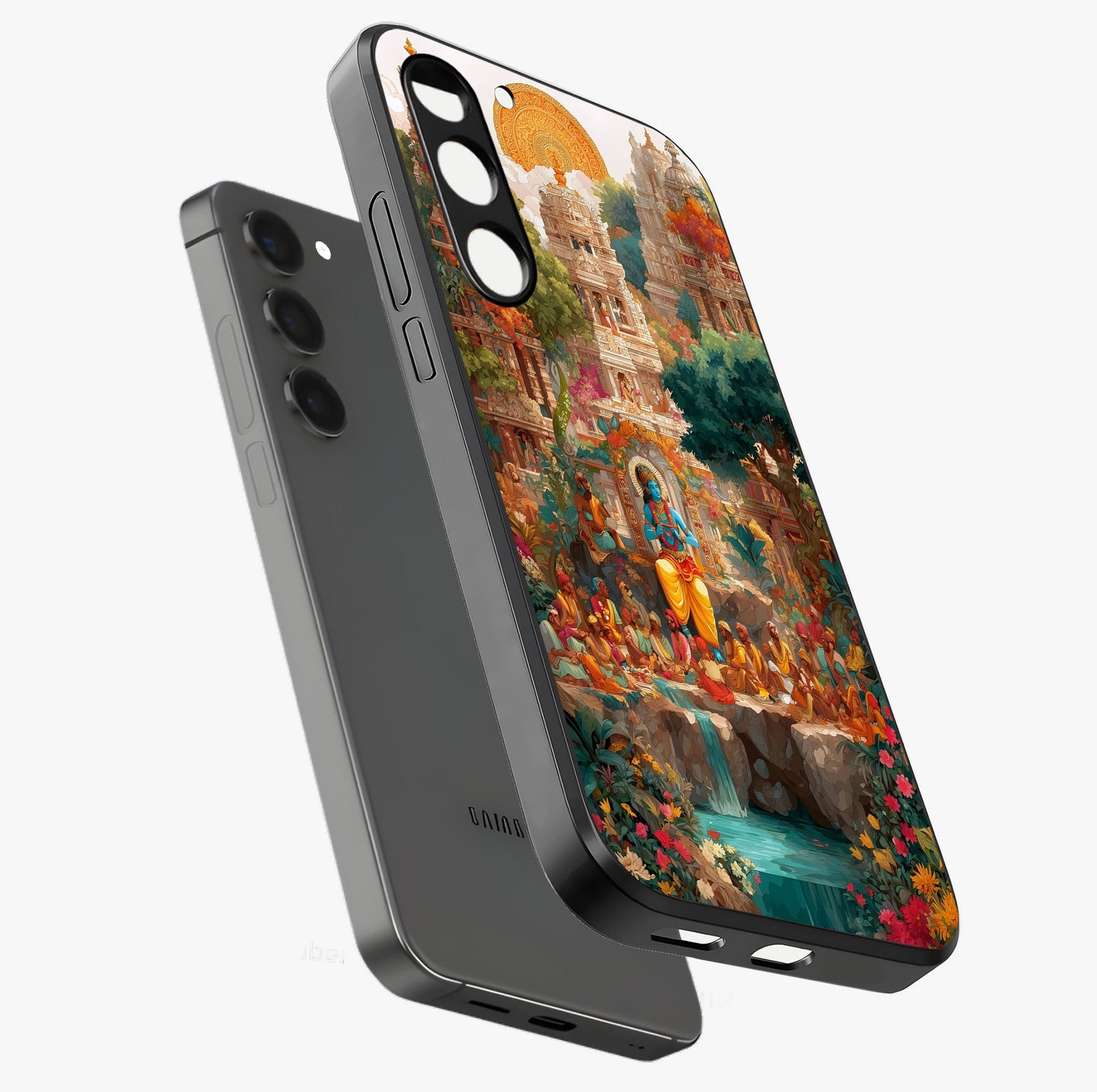 Sacred Sunlight Gods Glass Case displayed in angled mockup highlighting radiant spiritual design with celestial aesthetic.