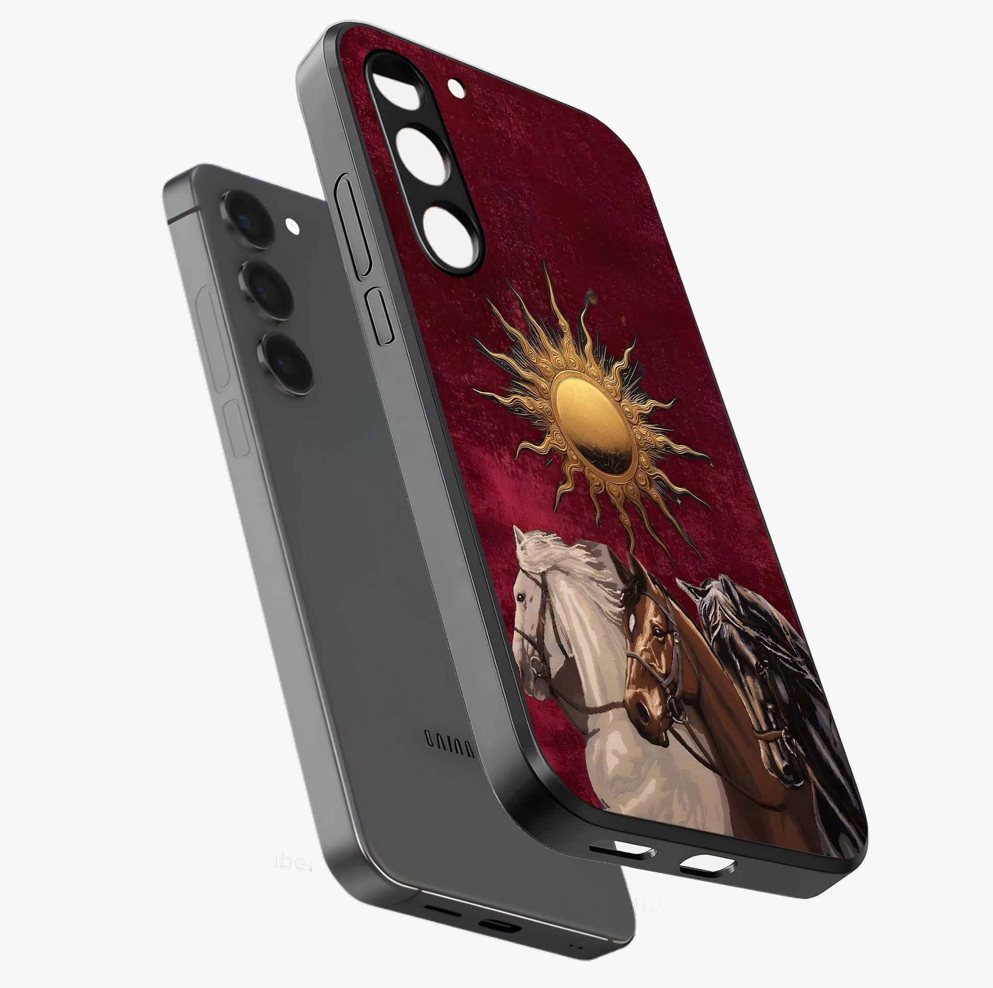 Solar Riders Glass Case displayed in angled mockup highlighting powerful rider illustration with radiant solar aesthetic.