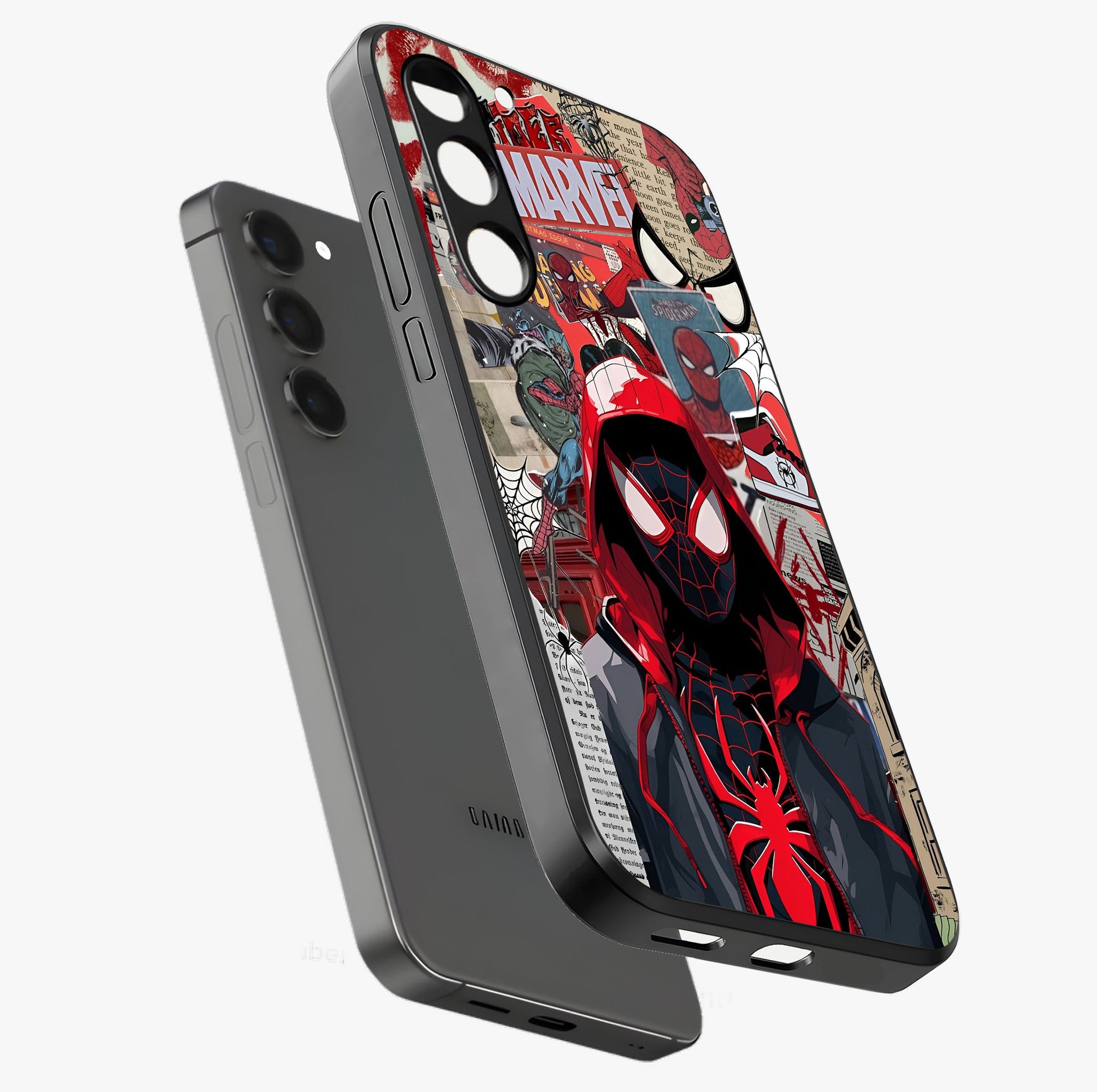 Spider Collage Street Glass Case displayed in angled mockup highlighting dynamic street style collage design with comic aesthetic.