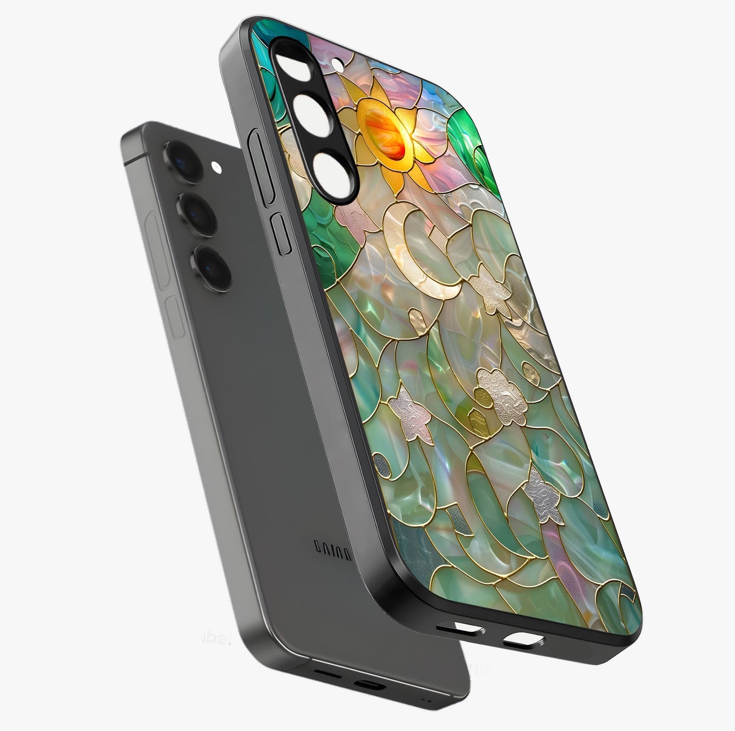 Stained Sunrise Glow Glass Case displayed in angled mockup highlighting radiant sunrise design with artistic aesthetic style.