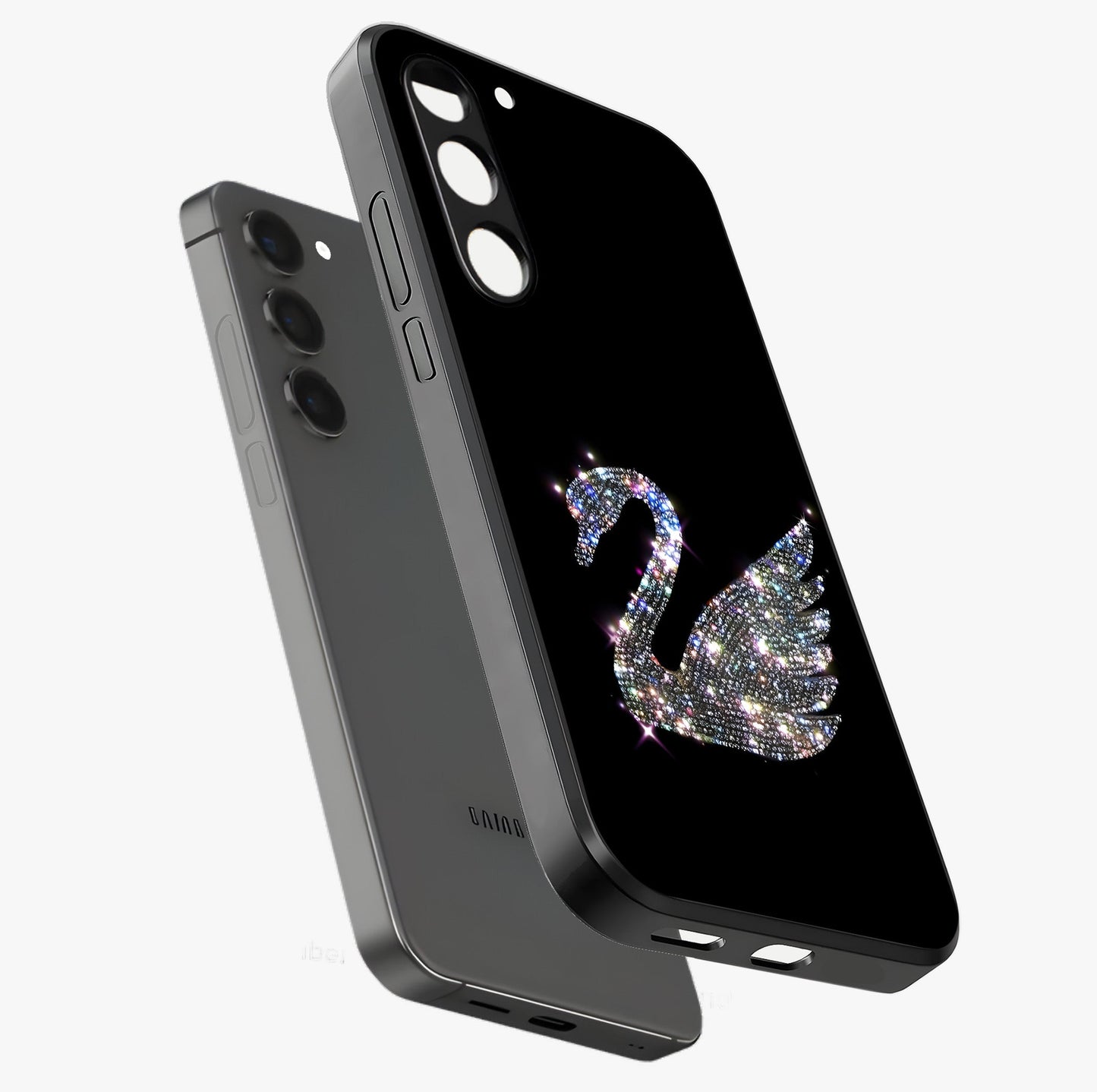 Starlit Swan Grace Glass Case displayed in angled mockup highlighting elegant swan illustration with dreamy celestial aesthetic.