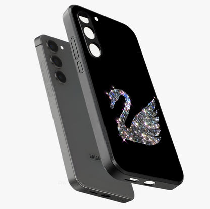 Starlit Swan Grace Glass Case displayed in angled mockup highlighting elegant swan illustration with dreamy celestial aesthetic.