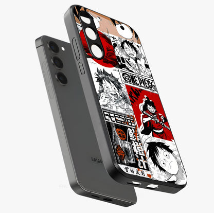 Strawhat Chaos Panels Glass Case displayed in angled mockup highlighting vibrant anime collage design with action aesthetic.