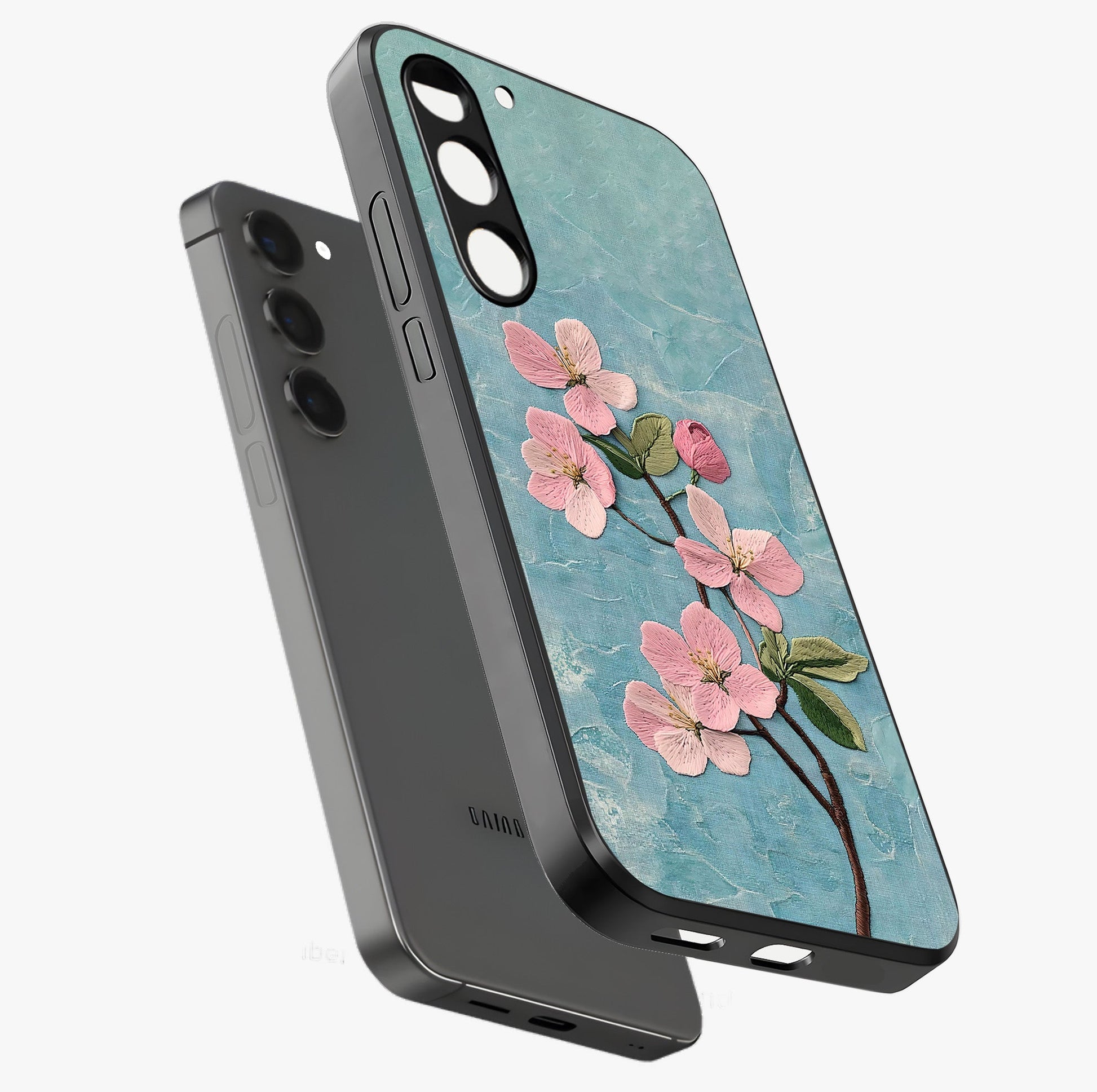 Threaded Blossom Breeze Glass Case displayed in angled mockup highlighting elegant floral design with soft aesthetic style.
