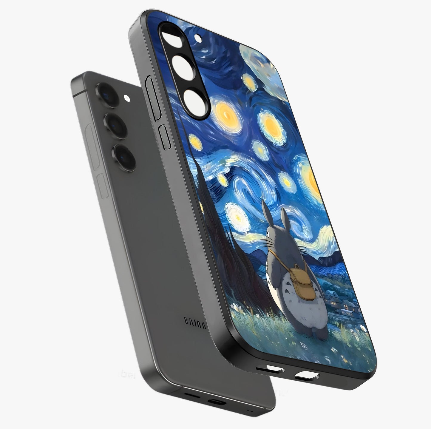 Totoro In Van Gogh Art Glass Case displayed in angled mockup highlighting artistic swirling sky design with playful animation aesthetic.