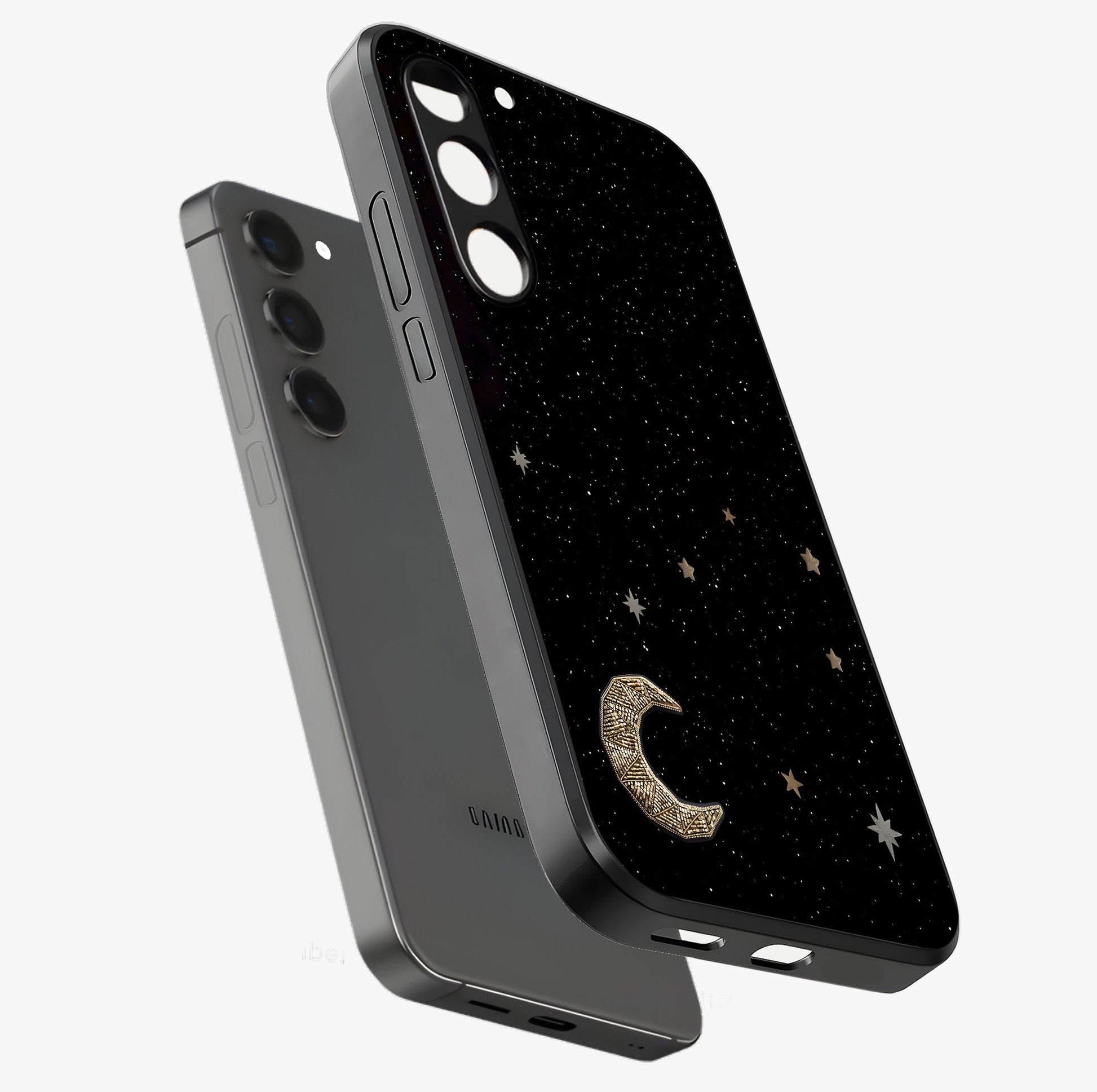 Twinkle Star With Half Moon Glass Case displayed in angled mockup highlighting celestial moon and star design with magical aesthetic.