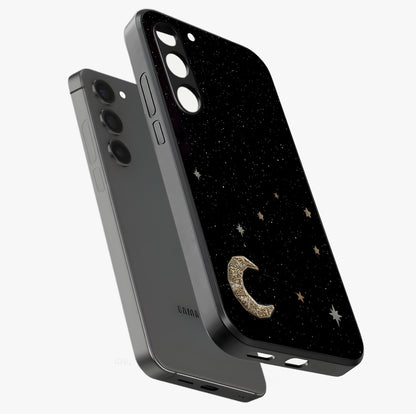 Twinkle Star With Half Moon Glass Case displayed in angled mockup highlighting celestial moon and star design with magical aesthetic.