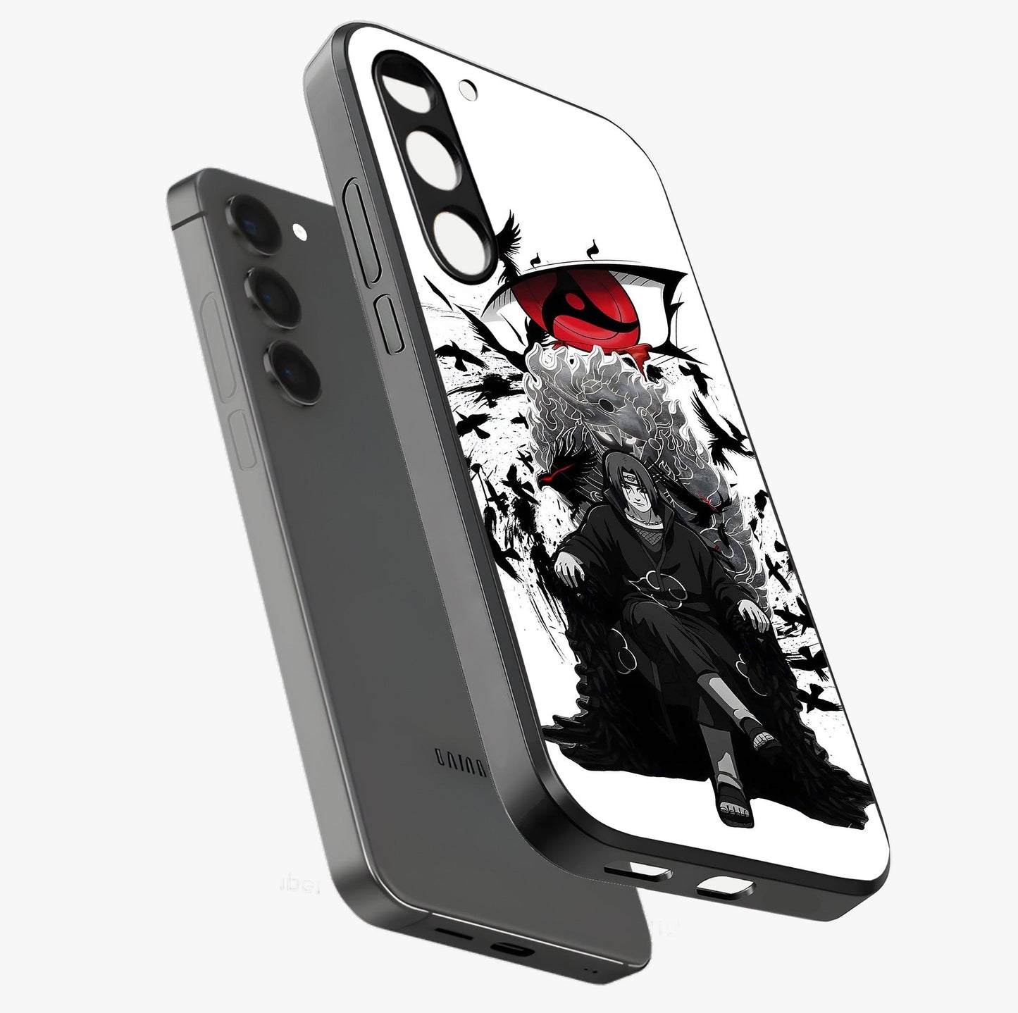 Uchiha Shadow Throne Glass Case displayed in angled mockup highlighting glowing aquatic design with celestial aesthetic.