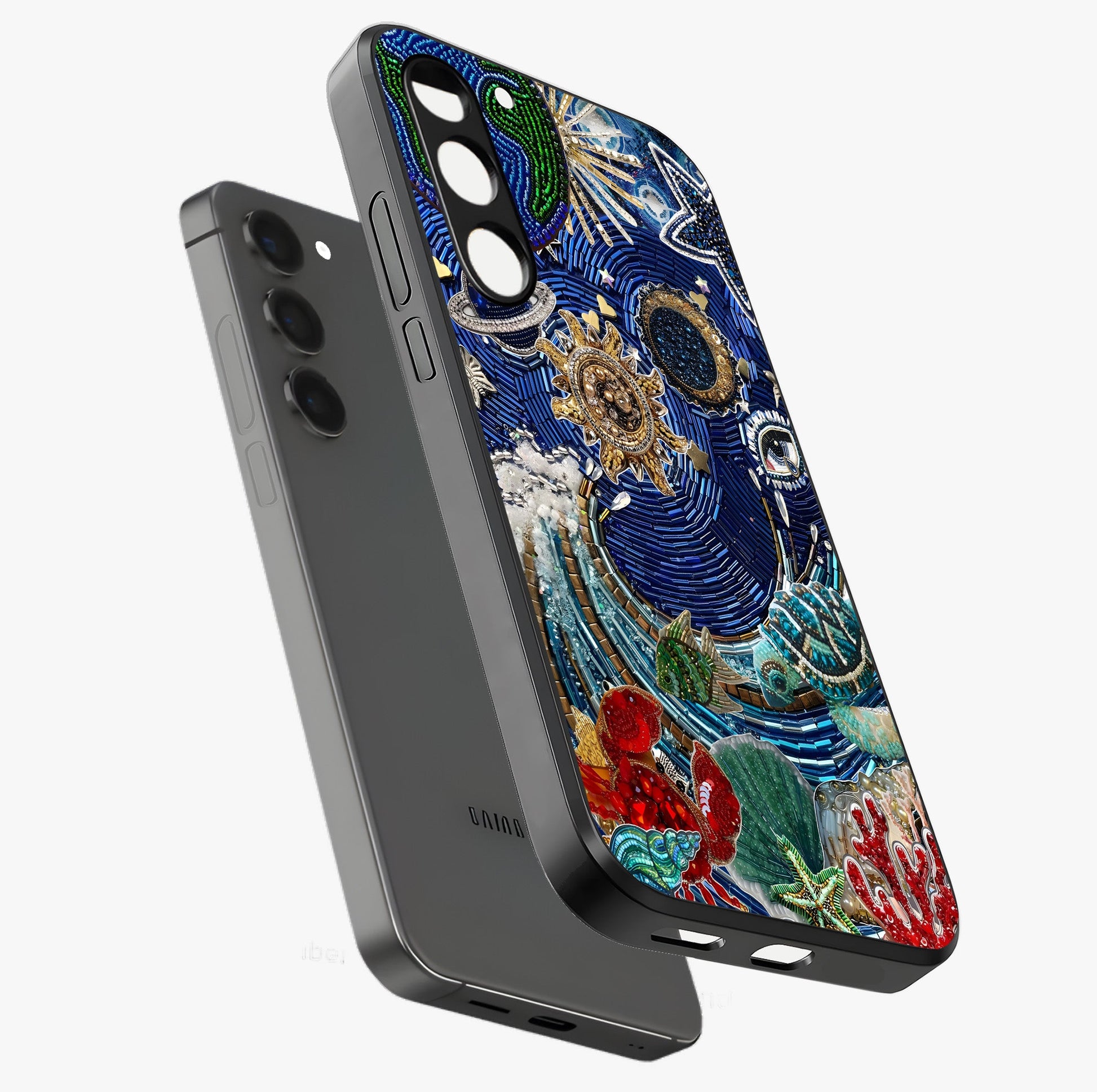 Universe Underwater Spark Glass Case displayed in angled mockup highlighting glowing aquatic design with celestial aesthetic.