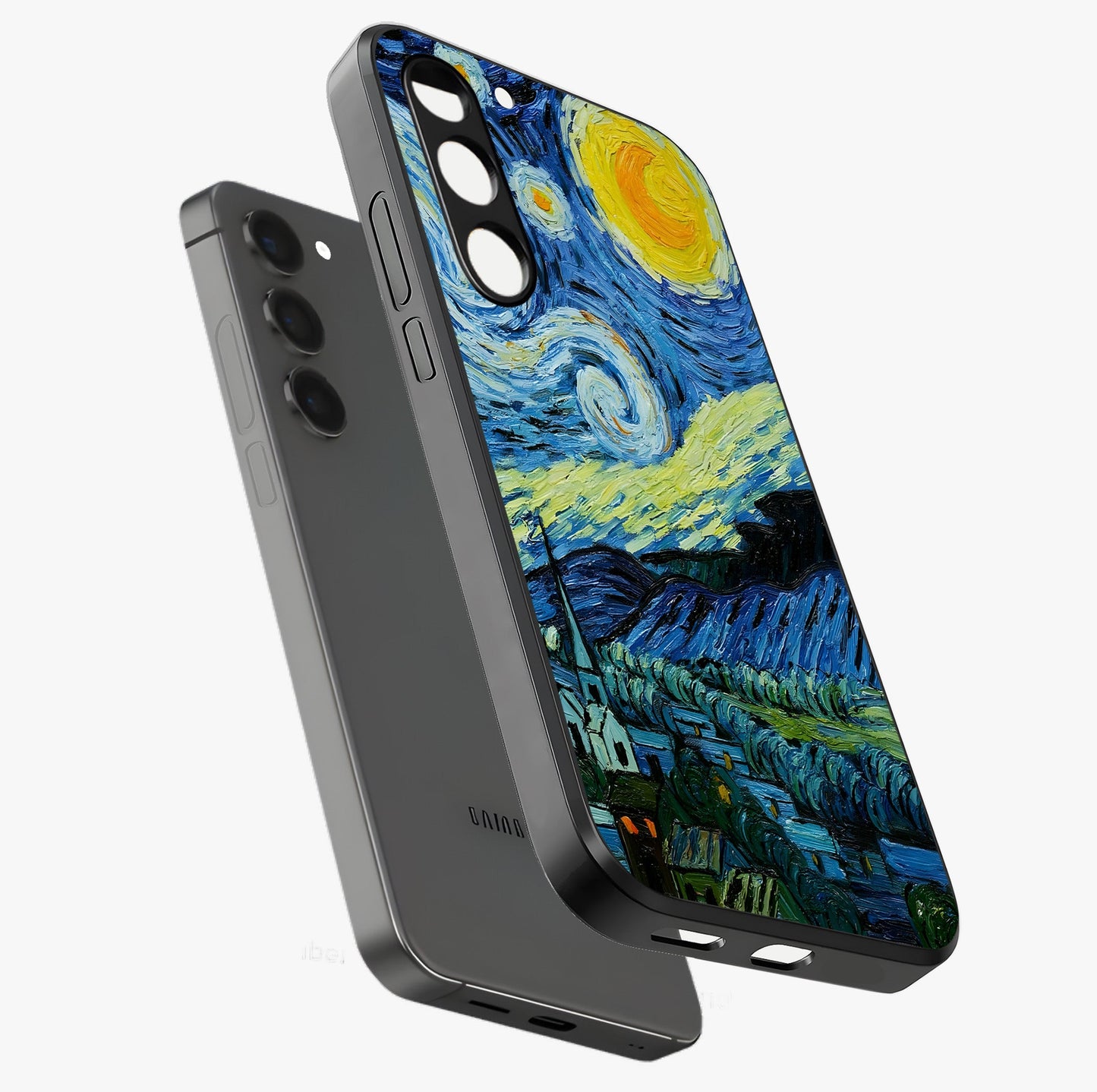 Van Gogh Art Glass Case displayed in angled mockup highlighting swirling brushstroke design with artistic aesthetic.