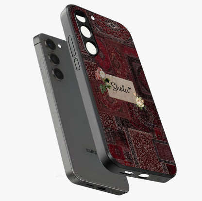 Velvet Wine Pattern Custom Name Glass Case displayed in angled mockup highlighting decorative velvet inspired design with custom name feature.