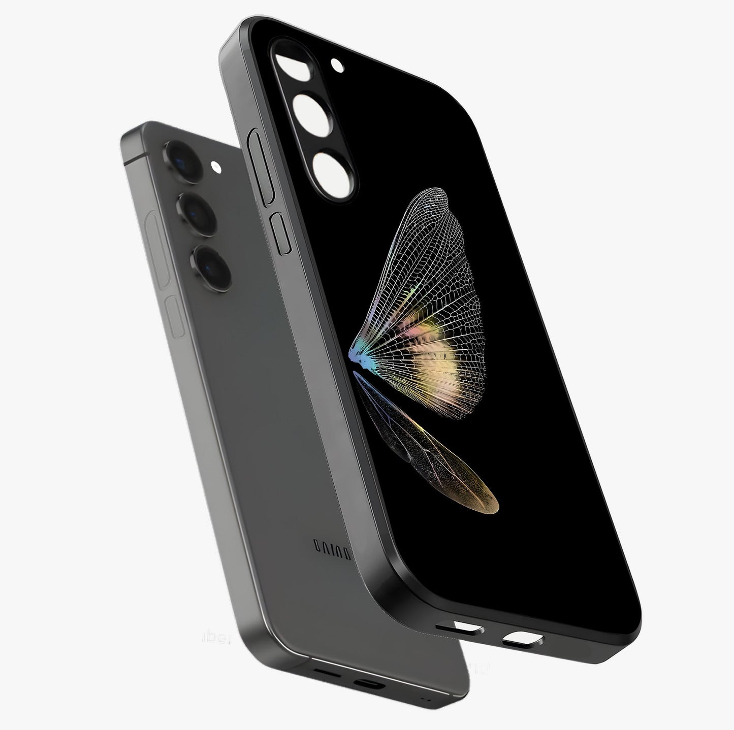 Whispers Of Wings Glass Case displayed in angled mockup highlighting soft feather design with celestial aesthetic style.