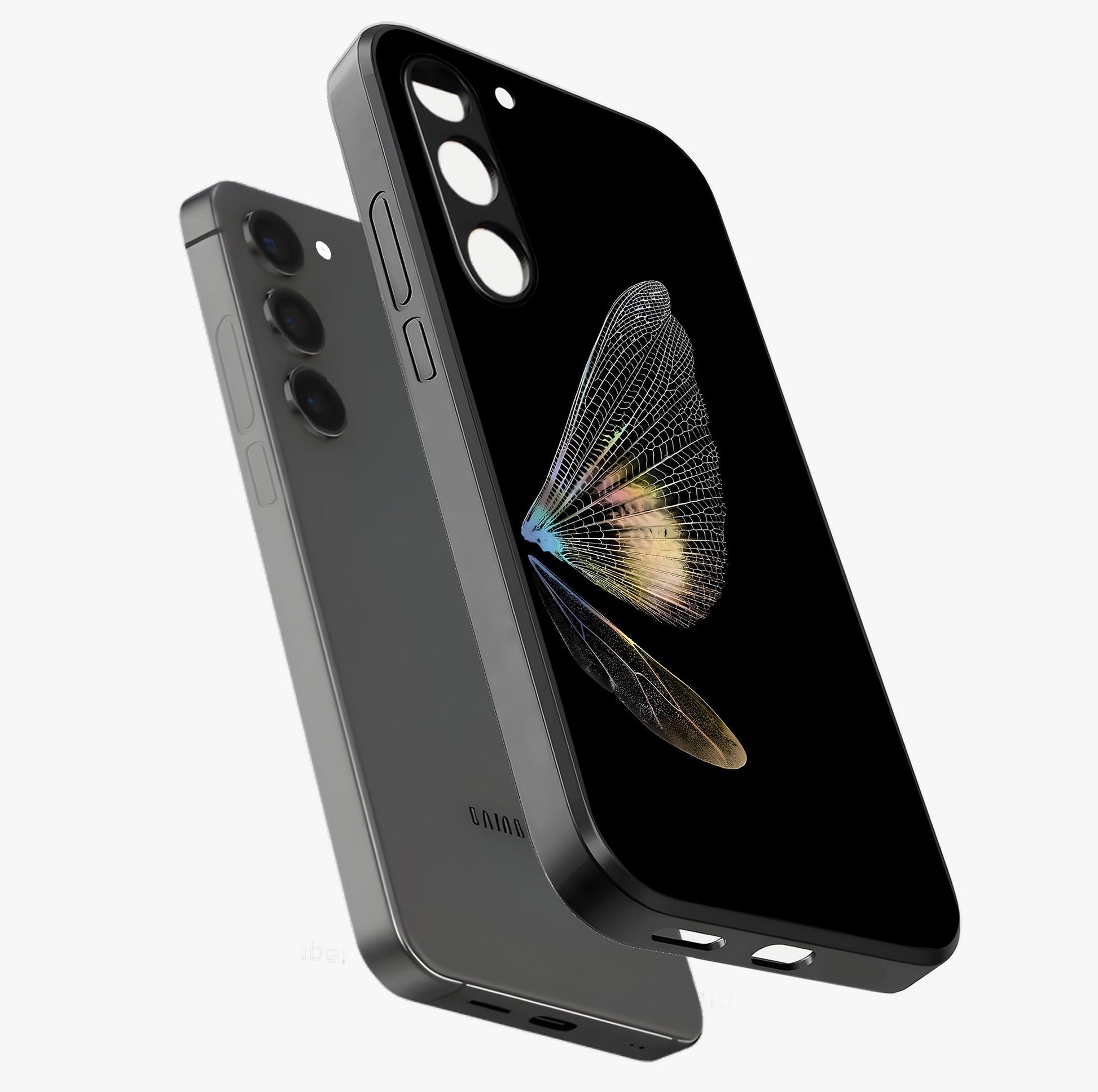 Whispers Of Wings Glass Case displayed in angled mockup highlighting soft feather design with celestial aesthetic style.