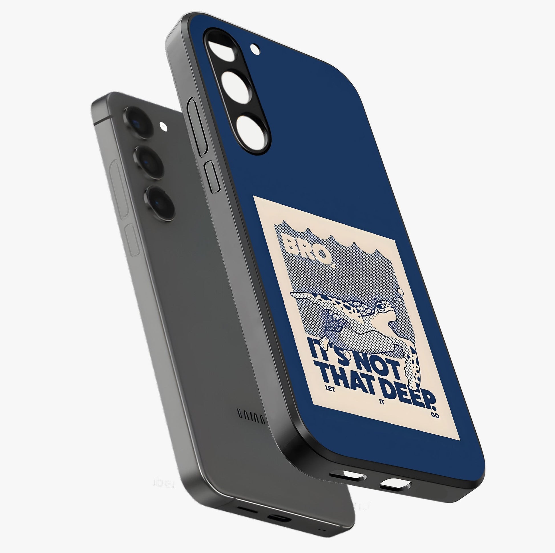 Worry Less Swim Glass Case displayed in angled mockup highlighting fun typography design with relaxed aesthetic style.