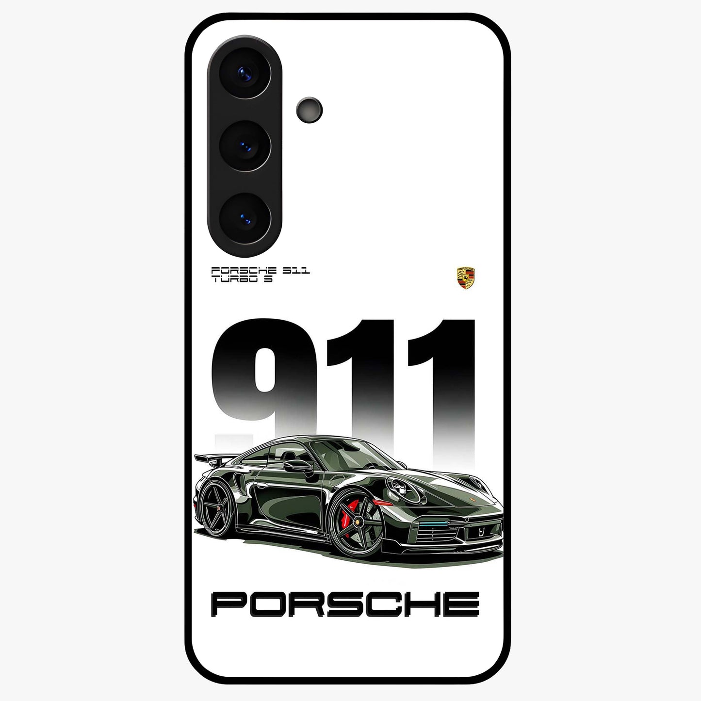 911 Turbo Dominance Glass Case showing clean flat back view with bold 911 sports car artwork and glossy glass finish.