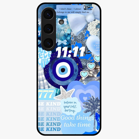 Aesthetic Be Kind Eye Glass Case showing flat back view with motivational eye artwork and glossy glass finish.