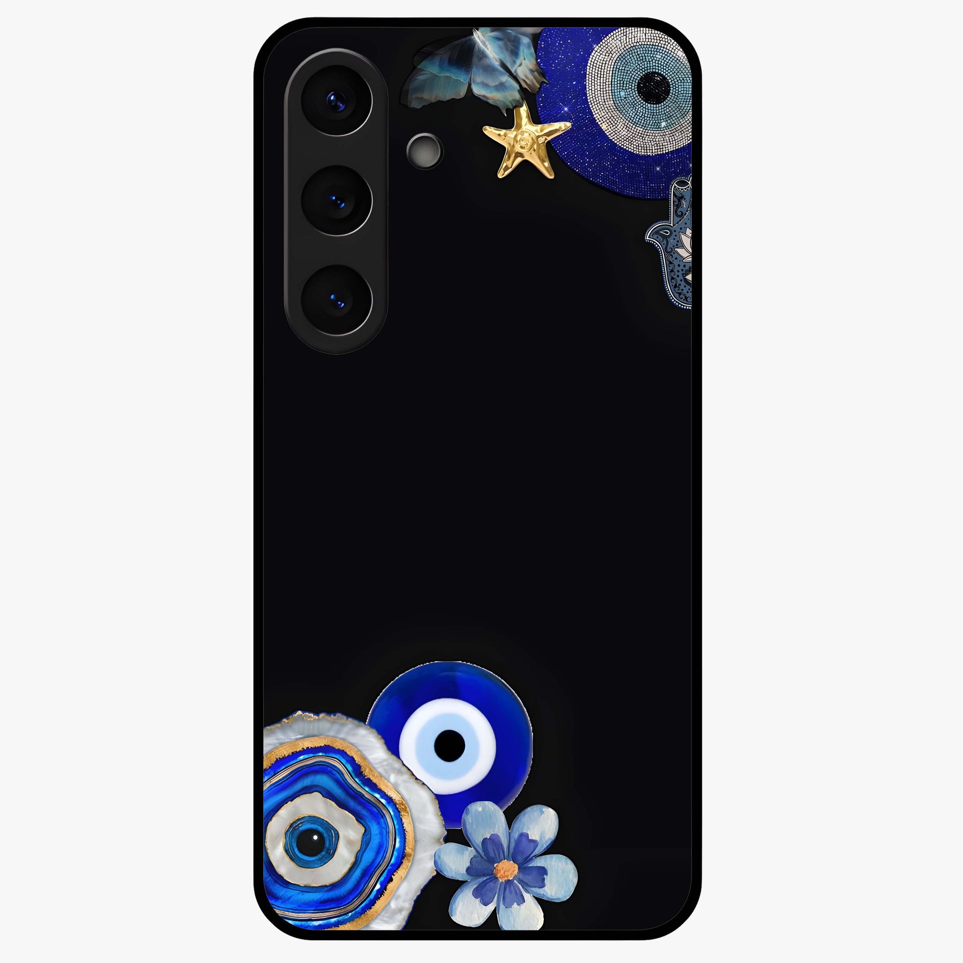Aesthetic Blue Evil Eye Glass Case showing flat back view with protective evil eye artwork and glossy glass finish.