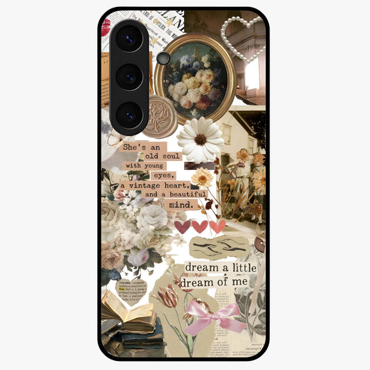 Aesthetic Brown Vintage Collage Glass Case showing flat back view with retro collage artwork and glossy glass finish.