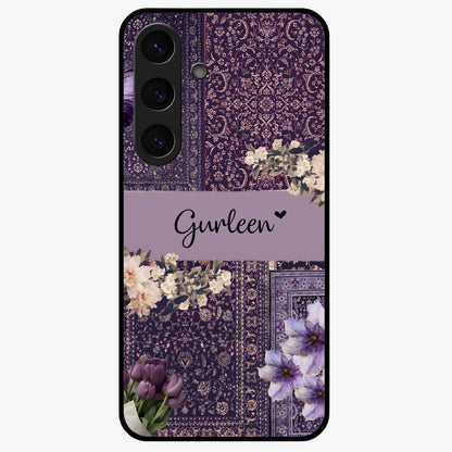 Antique Floral Whisper Custom Name Glass Case showing flat back view with vintage floral artwork and personalized name design.