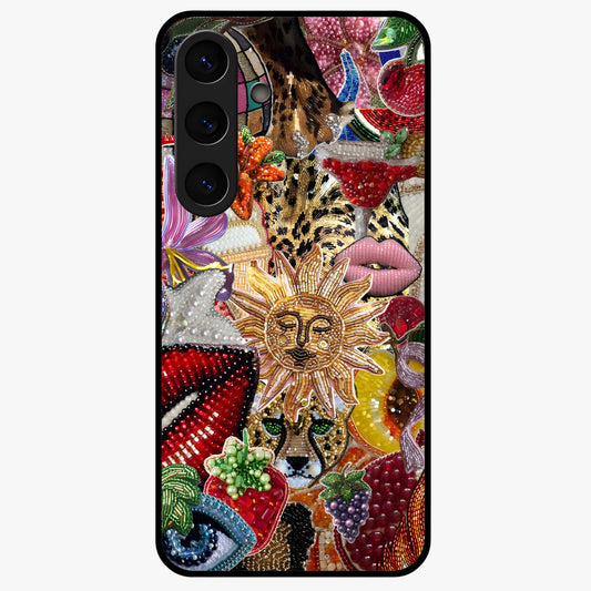 Beaded Fashion Jungle Glass Case showing flat back view with vibrant jungle inspired bead artwork and glossy glass finish.