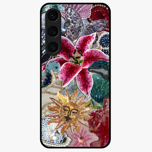 Beaded Garden Fantasy Glass Case showing flat back view with dreamy garden bead artwork and glossy glass finish.