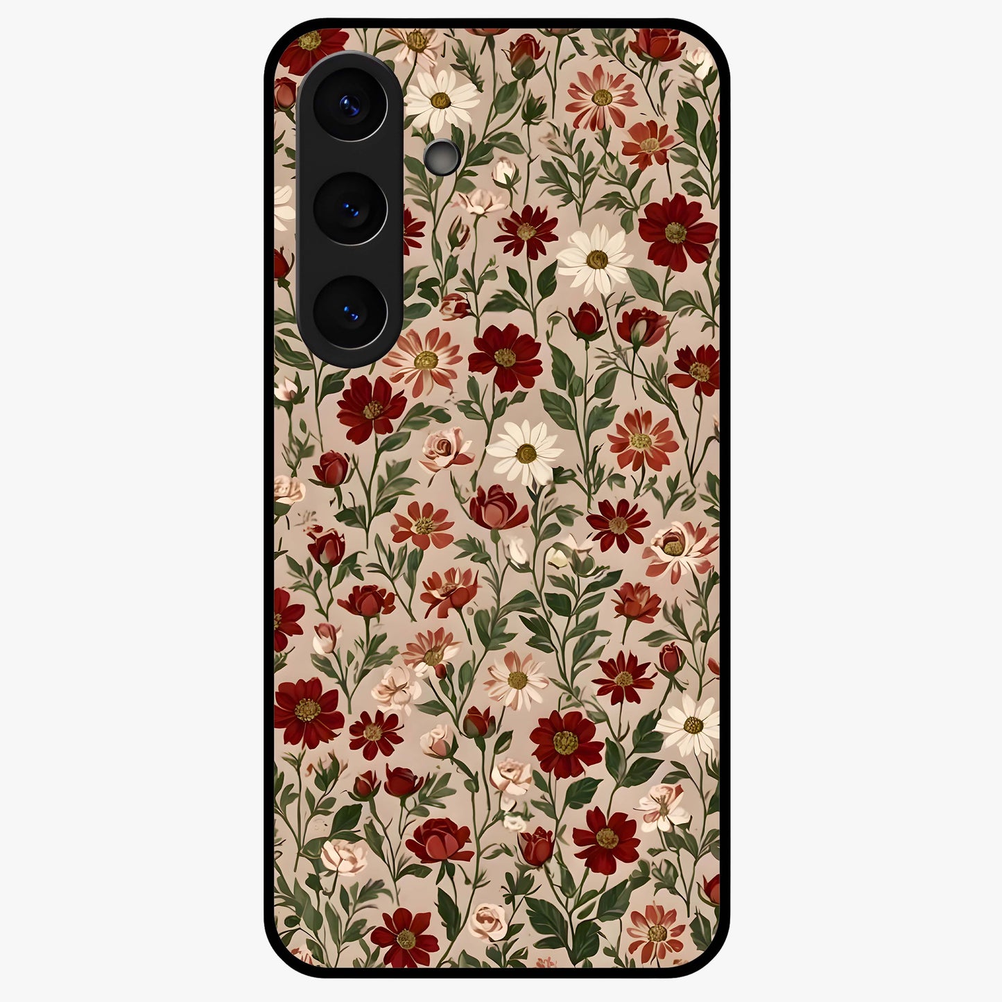 Biege Flower With Leaf Glass Case showing flat back view with soft beige floral artwork and glossy glass finish.