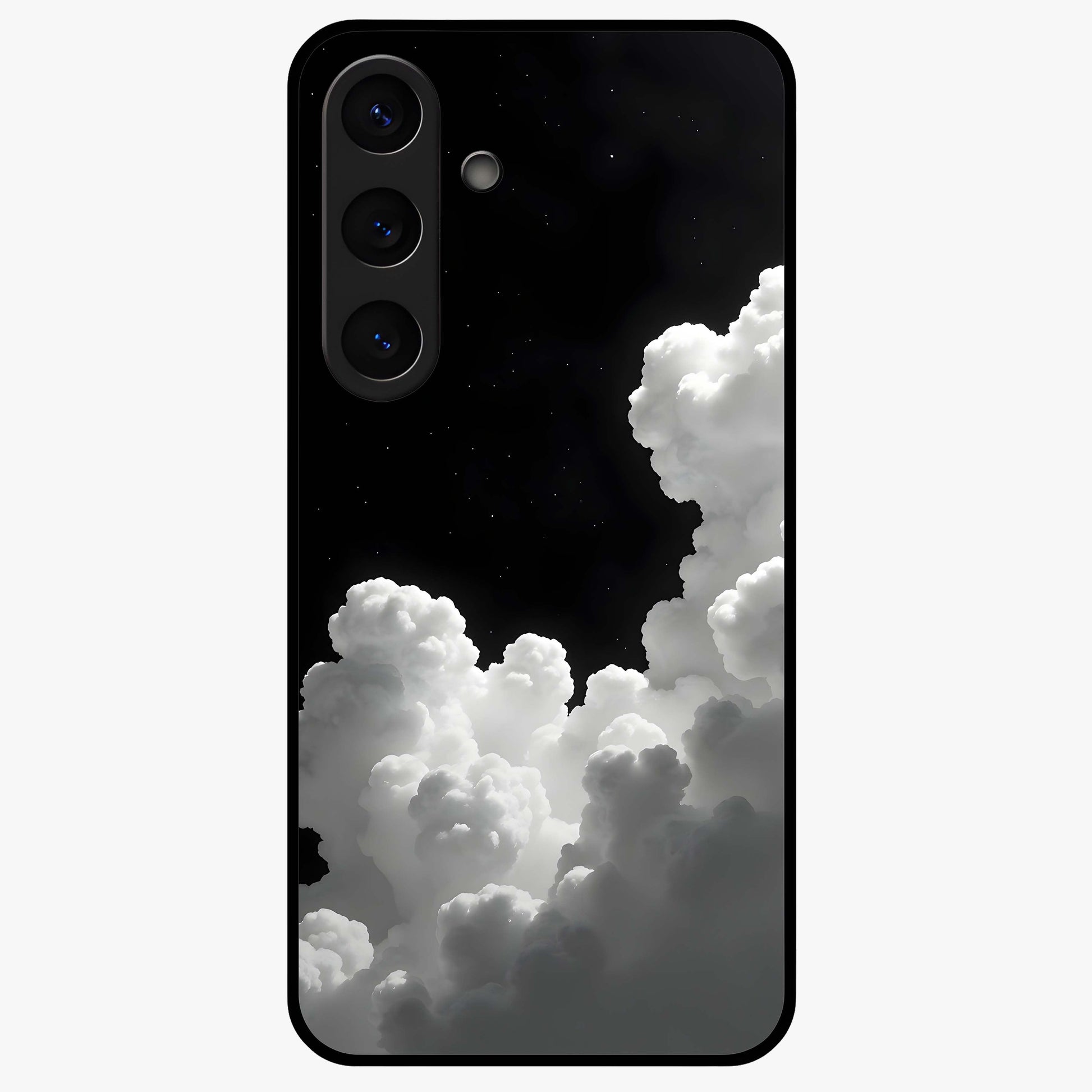 Black Background With White Cloud Glass Case showing flat back view with minimal cloud artwork on dark background and glossy glass finish.